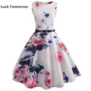 

2019 New Summer Women Dress Hepburn Audrey Vestidos Sleeveless Seasons Style Clothing Retro 50s Casual Rock for Dresses