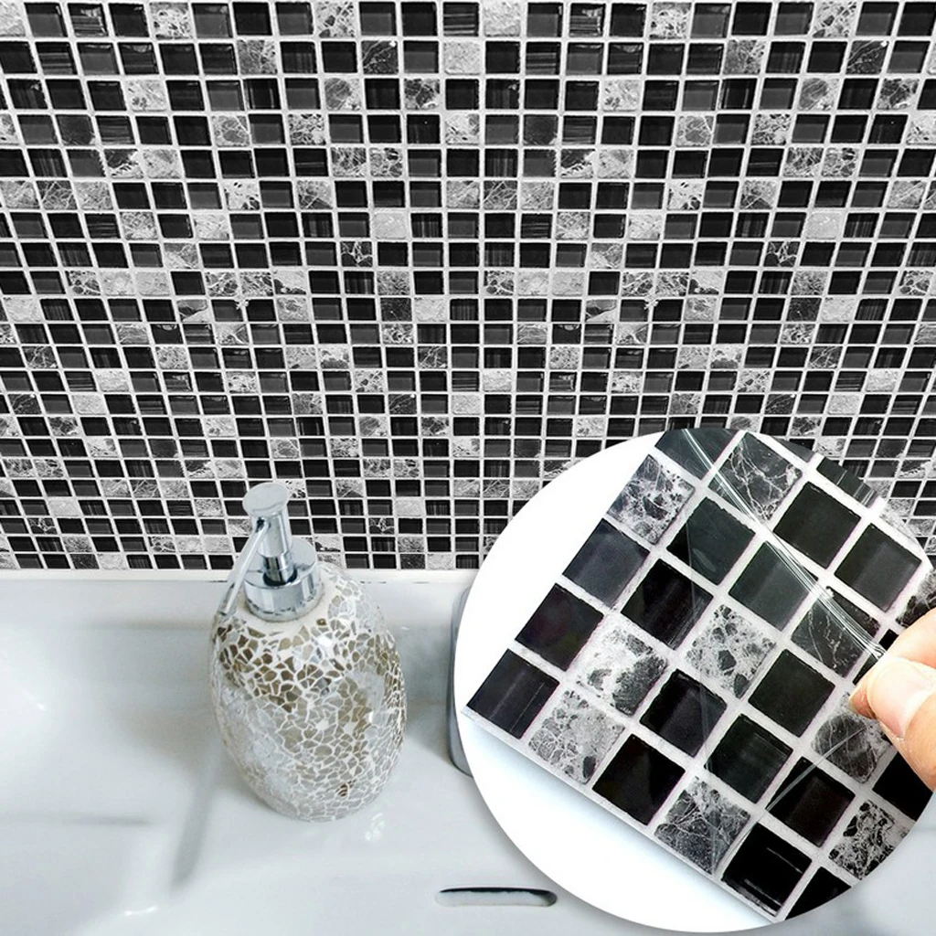 Black and White Mosaic Tile Stickers Self Adhesive Wall Sticker for Kitchen Bathroom Floor Wall Decoration