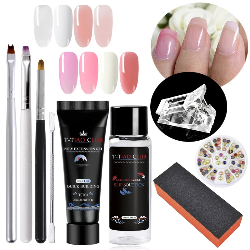 

T-TIAO CLUB 9pc/ set Poly Extension Builder UV Gel Kit Nail Art Pink Color Crystal UV Gel Slip Solution liquid Poly Nail Gel