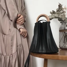 Винтажная трехмерная плиссированная сумка-ведро с деревянным кольцом и верхней ручкой, женская дизайнерская сумка через плечо, вечерняя сумочка-клатч