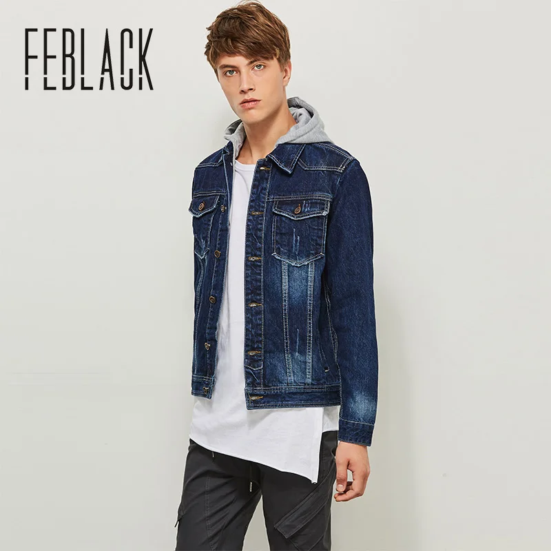 FEBLACK Casual Men Hooded jeans jackets mens Fashion Plus 5XL dark blue