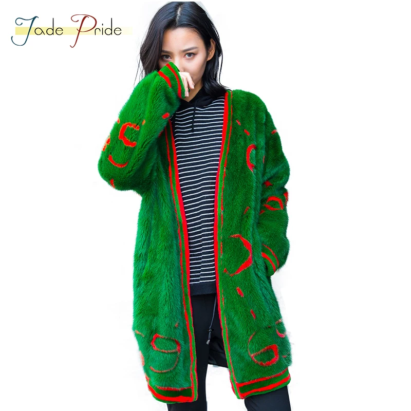 Jade гордость 2018 Новый Для женщин принт Повседневное реального норки Мех животных пальто v-образным вырезом полным ходом норковая Мех