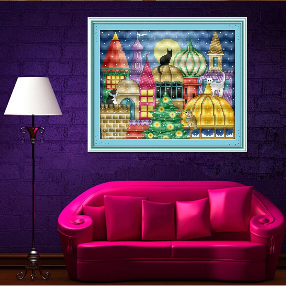 Вышитый крестом Joy Sunday The Cat City K476 14CT 11CT Набор для вышивки своими руками домашнего
