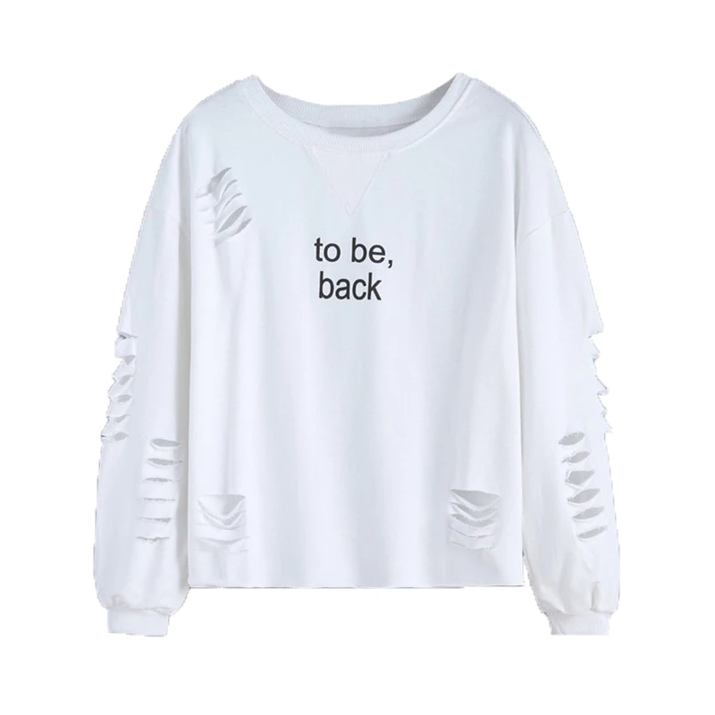 Women's New Fashion Spring Autumn Hole Sweatshirts Hoodies Letters Printed Female Pullover Loose White Long Sleeved Casual Str