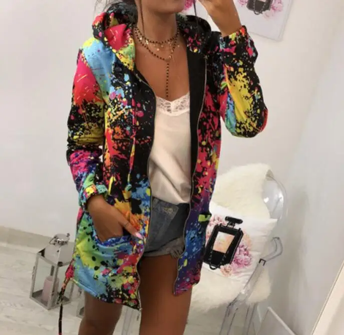 

Fashion Sweatshirt Hooded Overcoat Coats and Jackets Women Tie Dyeing Print Outwear