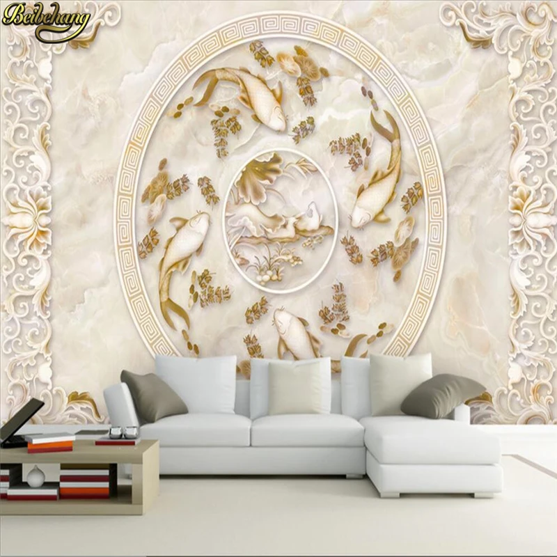 

beibehang carp lotus marble Photo Wallpaper Living Room Background Wall papel de parede 3D Mural Eco-Friendly Moisture-Proof