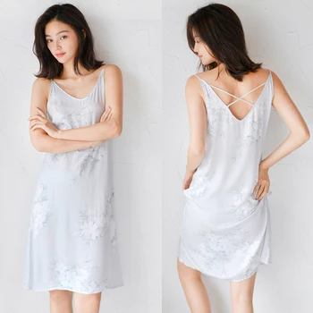 

Spring And Summer Sling Models Jasmine Printing Harness Woman Cotton Long Paragraph Nightdress Simple Refreshing Home Servi