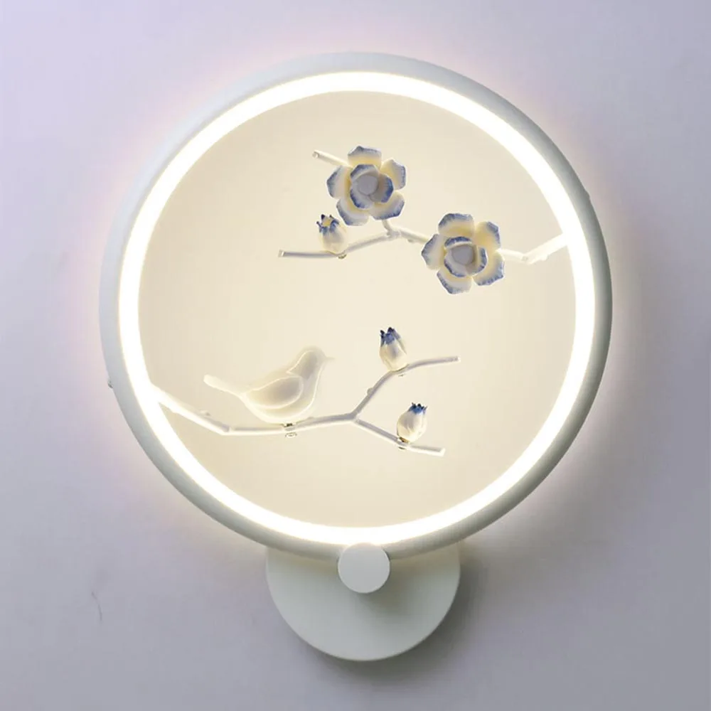 

Chinese Zen Round Flower Bird Decor LED Wall Lamps Hotel Bedroom Bedside Lamp Wedding Room Light Fixtures Sconce Light