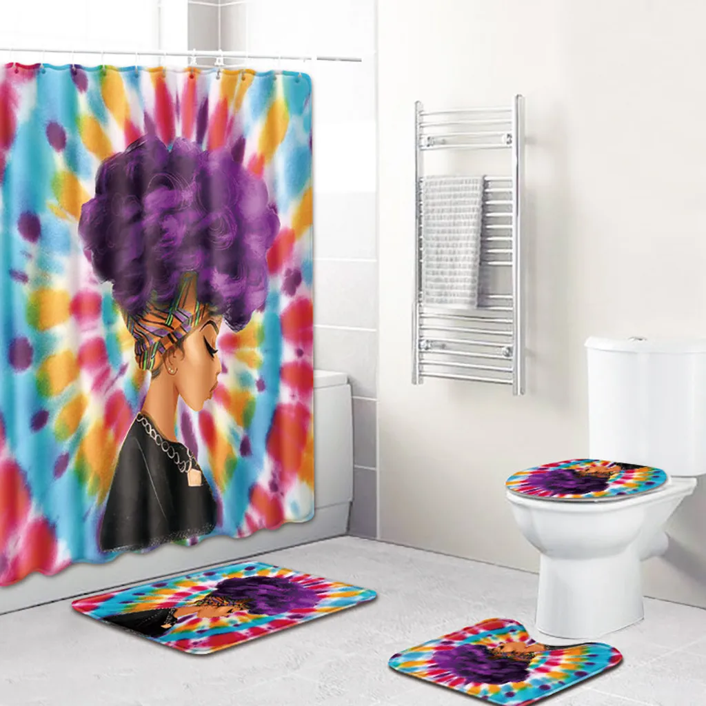 Ouneed 4PCS set Creative african girls prints Bathroom Shower Curtains set Non Slip pattern Toilet Shower curtains Cover Mat set