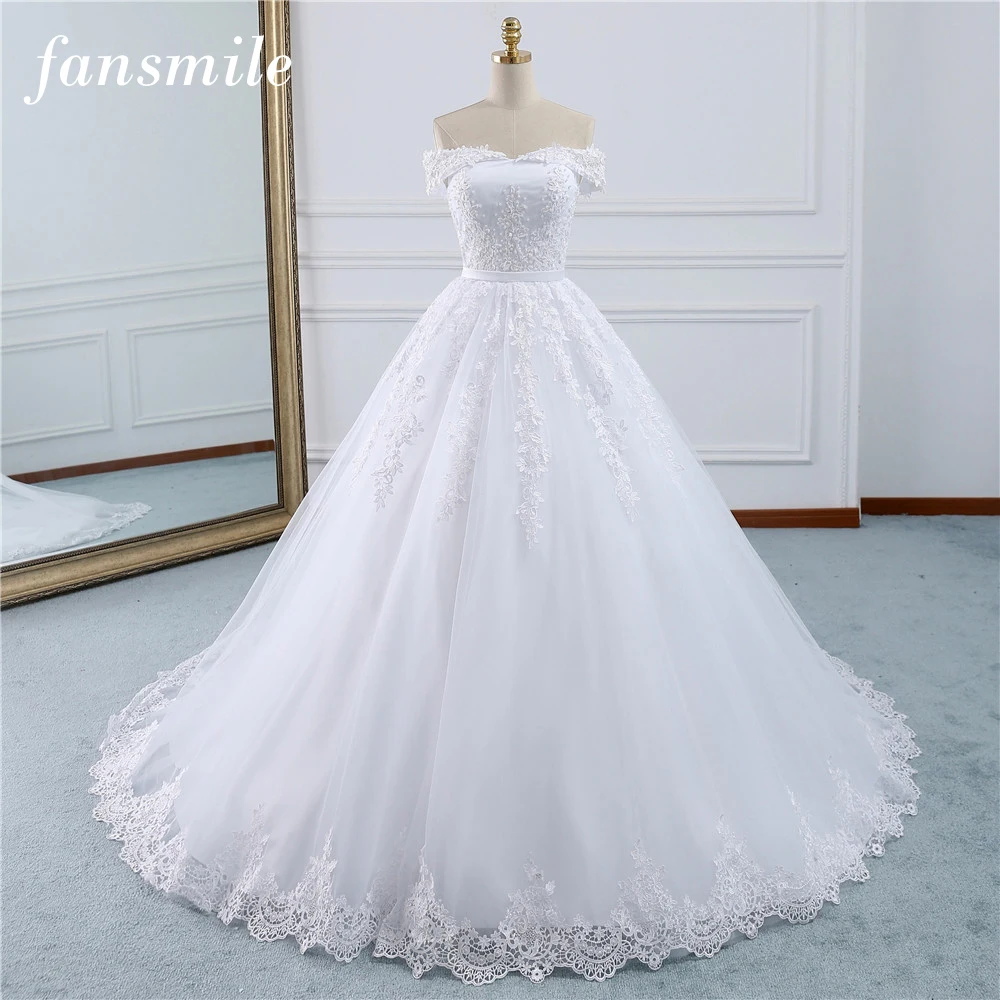 Fansmile кружевные платья свадебное платье Robe Princesse Mariage размера плюс длинный Тюль для поездов Mariage Свадебная индейка FSM-433T