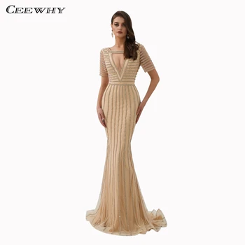 

CEEWHY Short Sleeve Vintage Formal Long Dress Mermaid Evening Gown Muslim Dubai Evening Dress Robe Longue Vestidos Largos