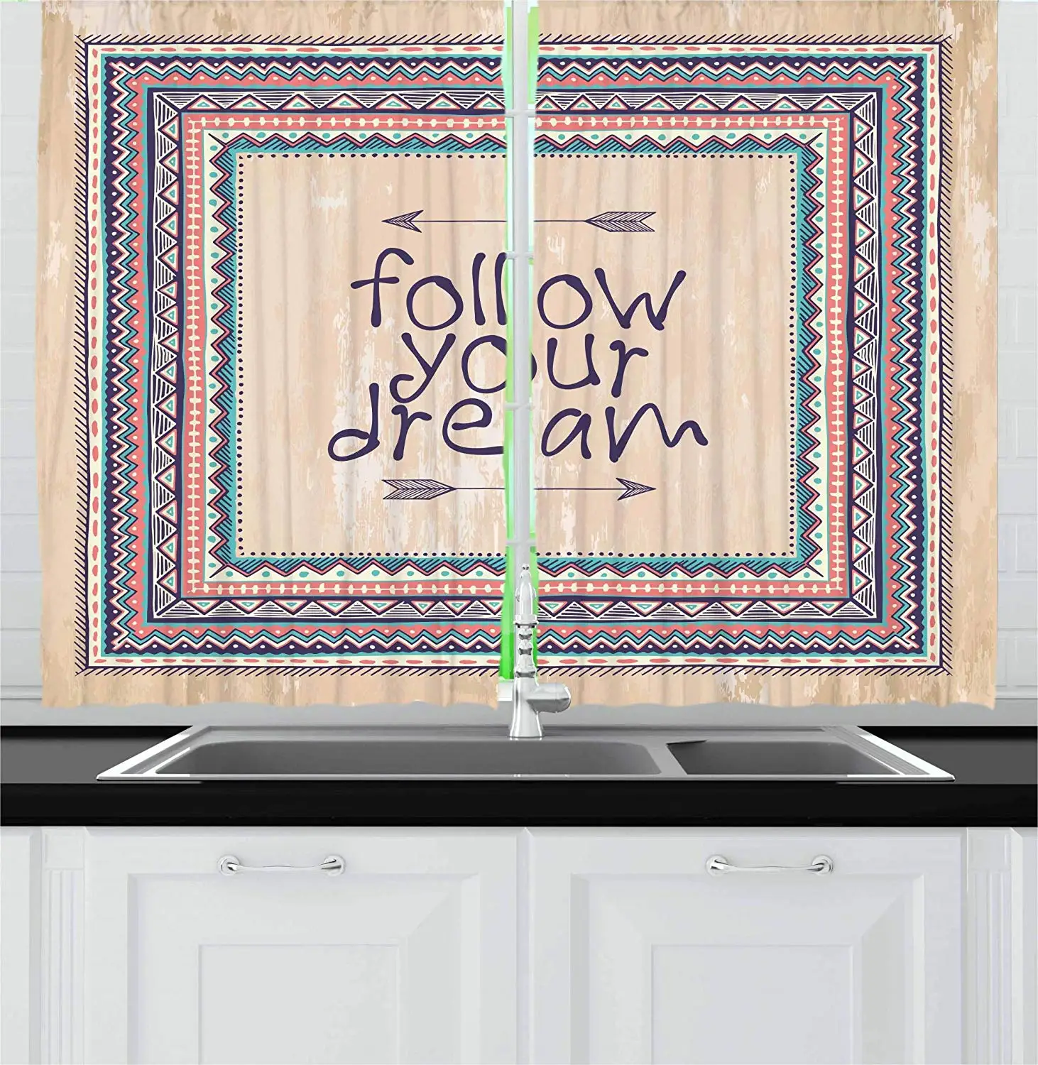 Tribal Decor Curtains Inspirational Quote Follow Your Dream and Arrows Aztec Framed Graphic Art Window Drapes for Living Room | Дом и сад