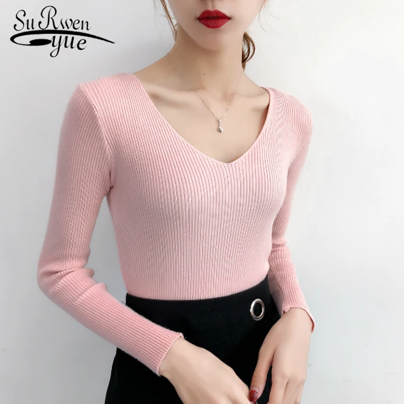 Модный женский вязаный свитер с v-образным вырезом и длинным рукавом, осенняя однотонная Базовая эластичная Женская одежда, женский джемпер, пуловер 7113 50