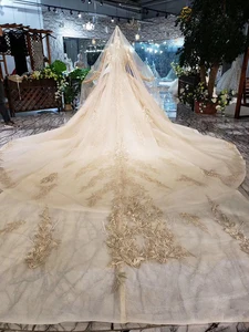 Image 2 - LS11555G golden wedding dresses gown with wedding veil o neck long sleeve flowers bridal dress with train فساتين طويله