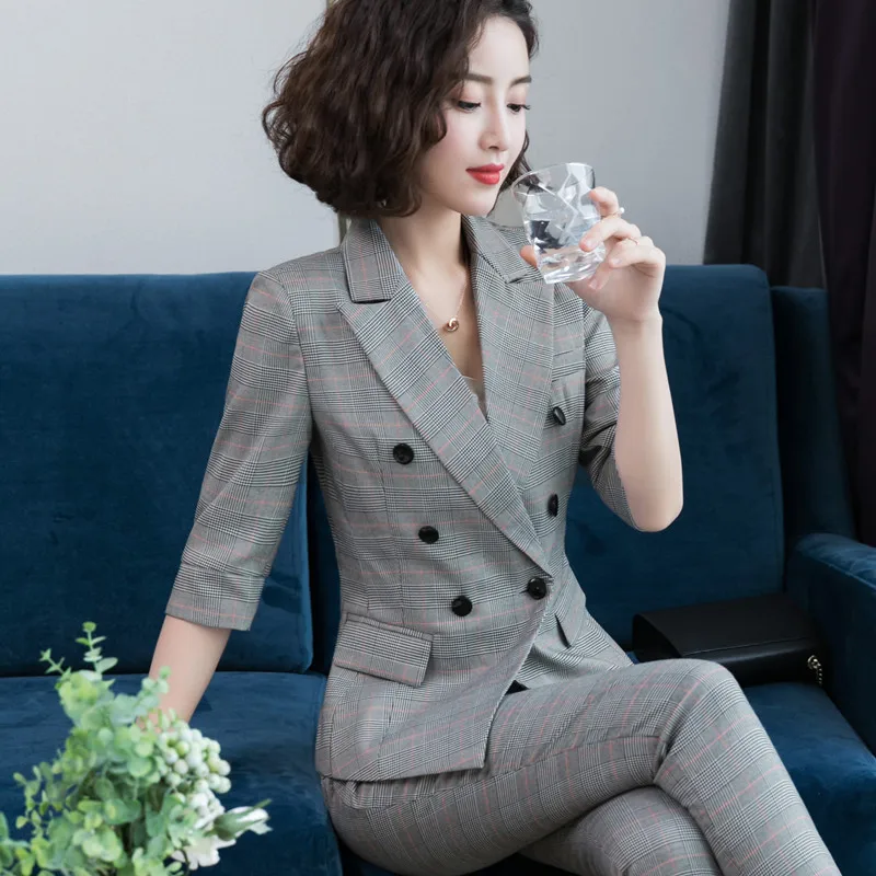

IZICFLY Summer New Style gray plaid suit women pants and blazer set 2 pieces Slim Business trouser suit Office Wok Wear big size