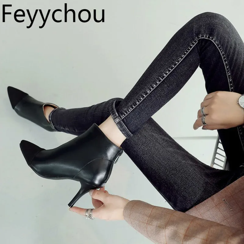 

Women Boots Autumn Winter High Heel Warm Mixed-colors Pointed Toe Zip Ankle Chelsea 2018 Sexy New Fashion Casual Shoes Size34-46