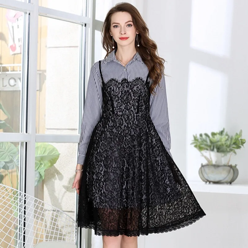 

2018 Elegant Lace Dress Sundress Striped T-shirt Loose Maternity Cloth Casual Pregnancy Dress Button Plus Size M-5XL Two Piece