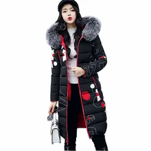 Зимние Для женщин пальто с капюшоном меховой воротник теплая плотная длинная стеганая куртка с принтом двойной 2 боковых парка для женщин размера плюс, верхняя одежда