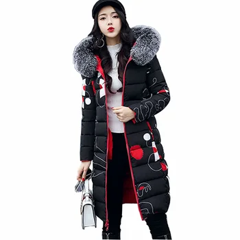 

Winter Women Hooded Coat Fur Collar Thick Warm Long Quilted Jacket print double 2 side Parka Female Plus Size Outwear