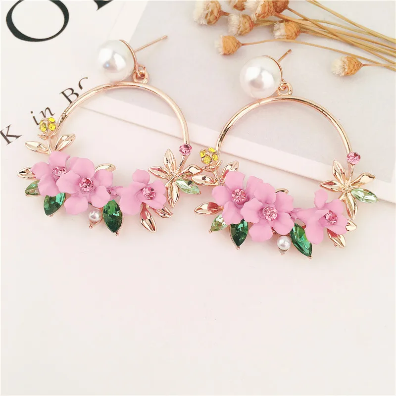 Trendy Cute Pink Flower Earrings For Women Girls Jewelry Female Rhinestone Gold Metal Round Circle Drop Earrings Gifts Brincos