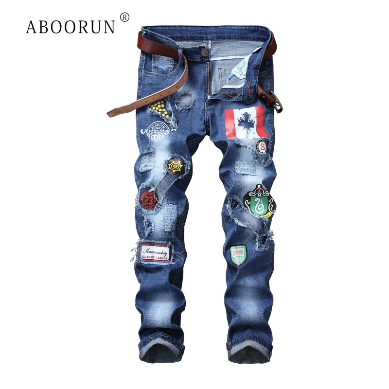 

2019 ABOORUN Men's Jeans Embroidery Badge Patchwork Ripped Denim Pants with Hole Pants Destroyed Distressed Jeans for Male x2674