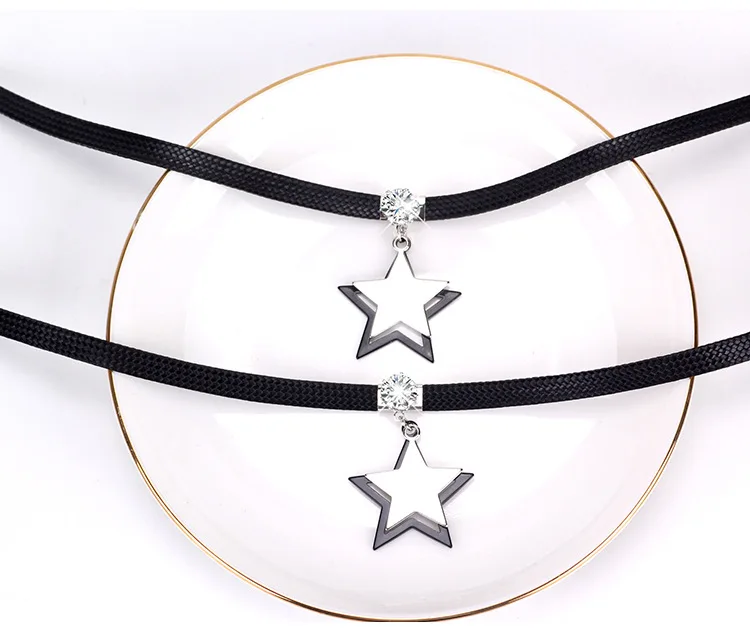 Геометрическое ожерелье с подвеской в виде пентаграммы, циркониевые кристаллы, женские ожерелья-чокеры, черная кожаная цепочка, ошейник, готическое ювелирное изделие