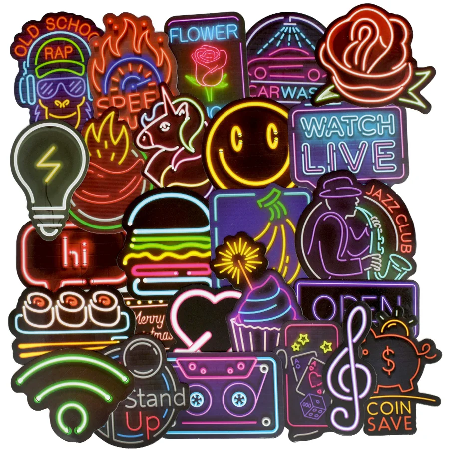 Stickers 50PCS Neon Light Waterproof Anime Kids Bomb Stickers on Laptop Skateboard Leaning Bts Guitar Emoji Baby Stickers Pack K