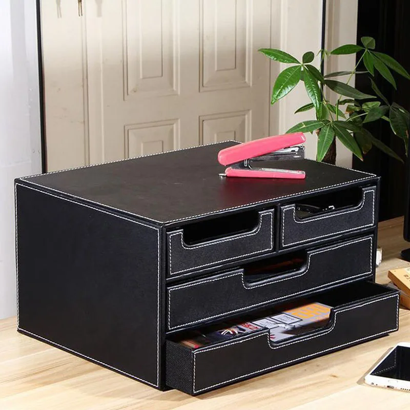 3 Layer 4 Drawer Wood Leather Desk Set Filing Cabinet Storage Box