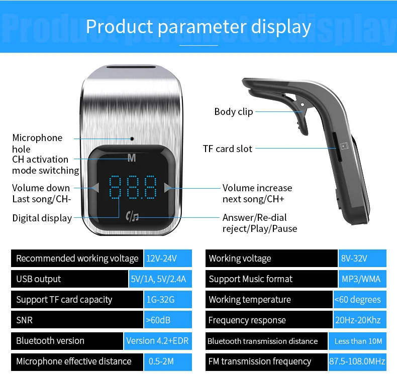 CDEN Car MP3 Player Bluetooth Receiver Handsfree Phone Car FM Transmitter USB Charger TF Card Music Player Touch Button