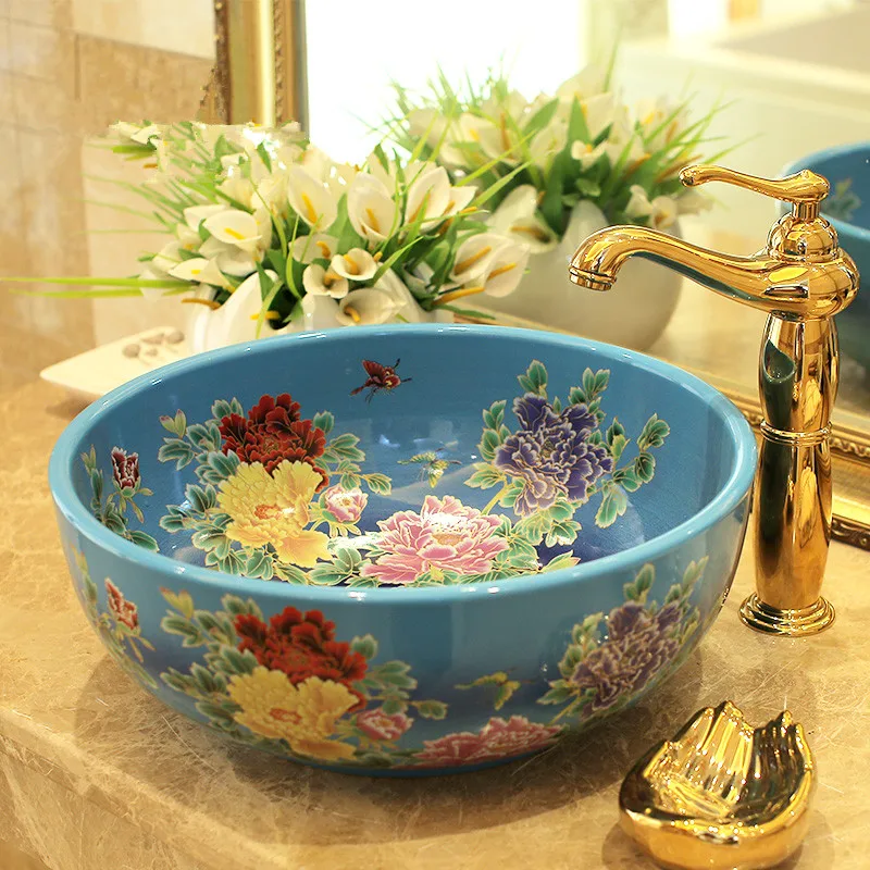 Europe Vintage Style Lavobo Ceramic Washing Basin Counter top Bathroom Sink hand painted vessel sinks Peony painting black (5)