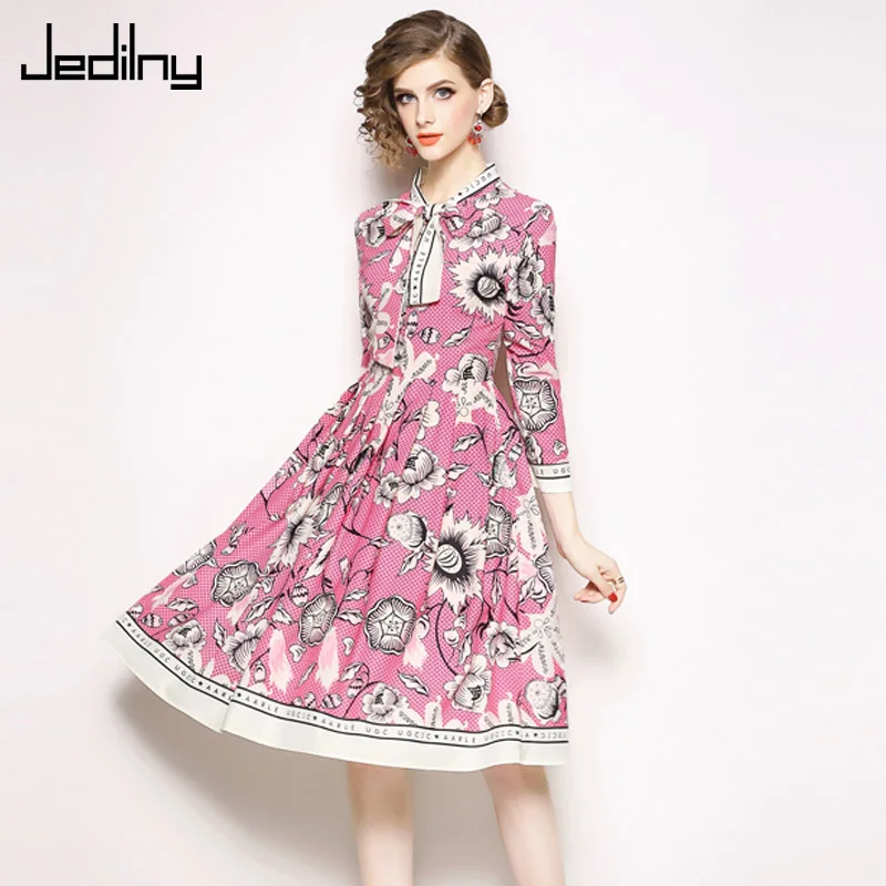 

2019 Spring Summer Women Fashion Long Sleeve Bow Floral Print Dress Elegant Slim Party Dress