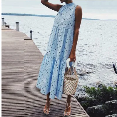 

Women Polka Dot Summer Casual Loose Bohemian Maxi Dress Sexy Boho Beach Dresses Ruffles Vintage Vestidos
