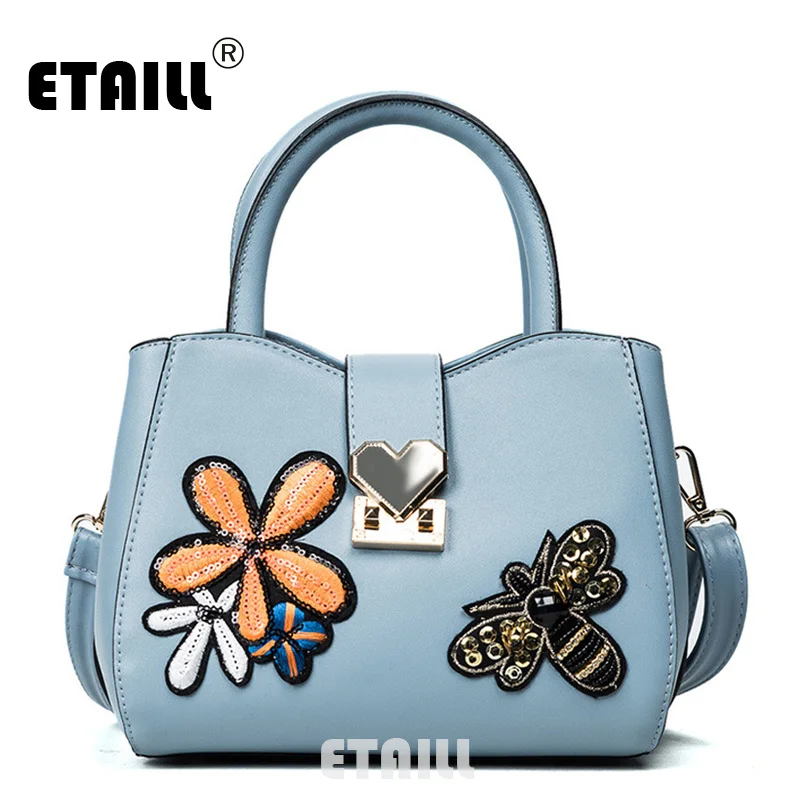 ETAILL Paillette Flowers and Bee Applique Designer Bags Famous Brand Women Bags 2017 PU font b