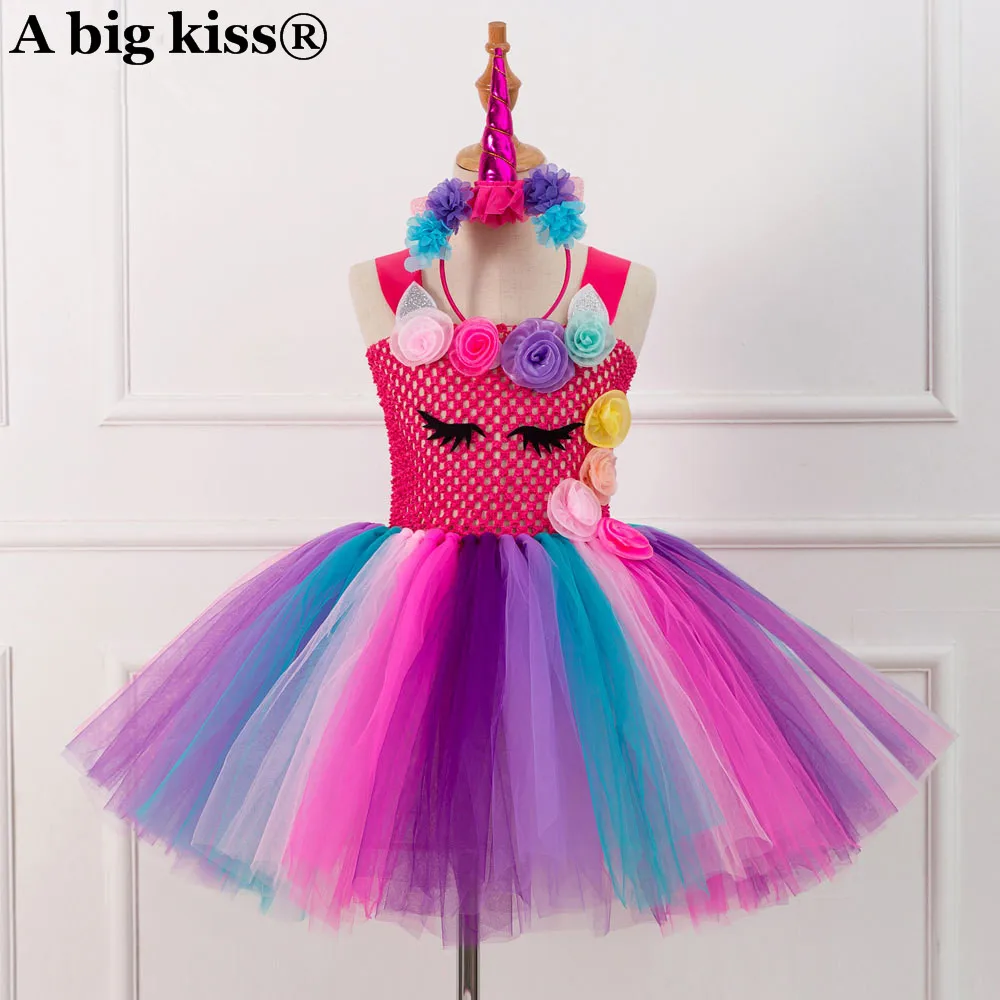 

hot-selling mesh yarn girl Pengpeng dress Princess Dress send headdress unicorn dress girl wedding dress