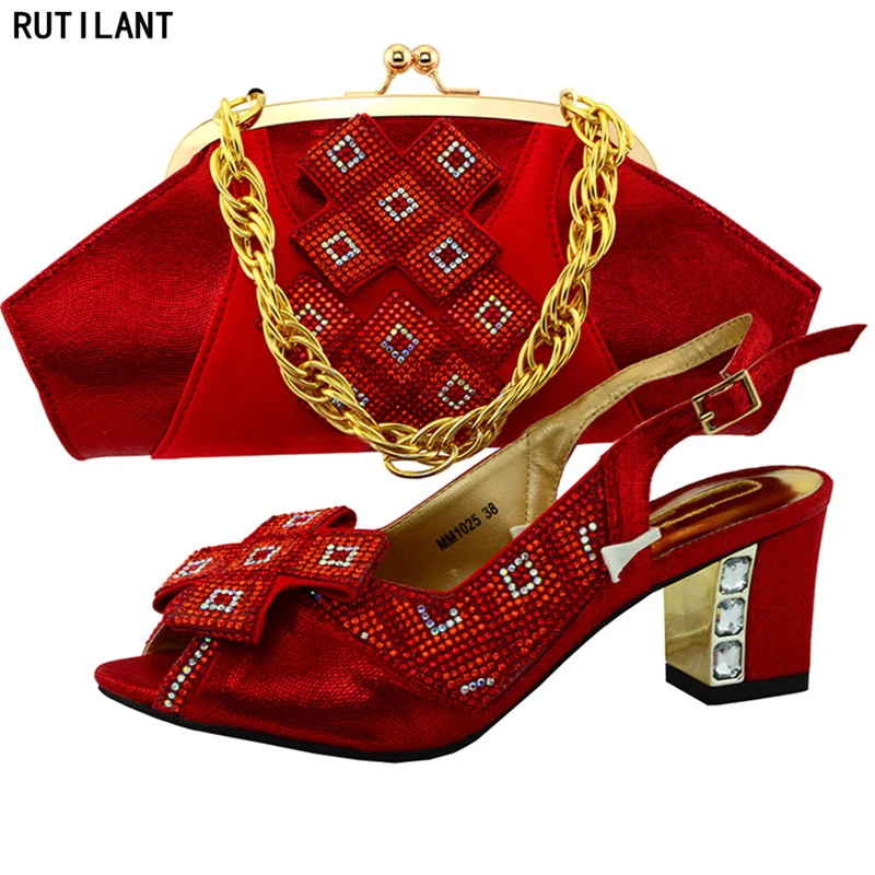 

Latest Red Color Italian Shoes and Bags To Match Shoes with Bag Set Decorated with Rhinestone Nigerian Shoes and Matching Bags