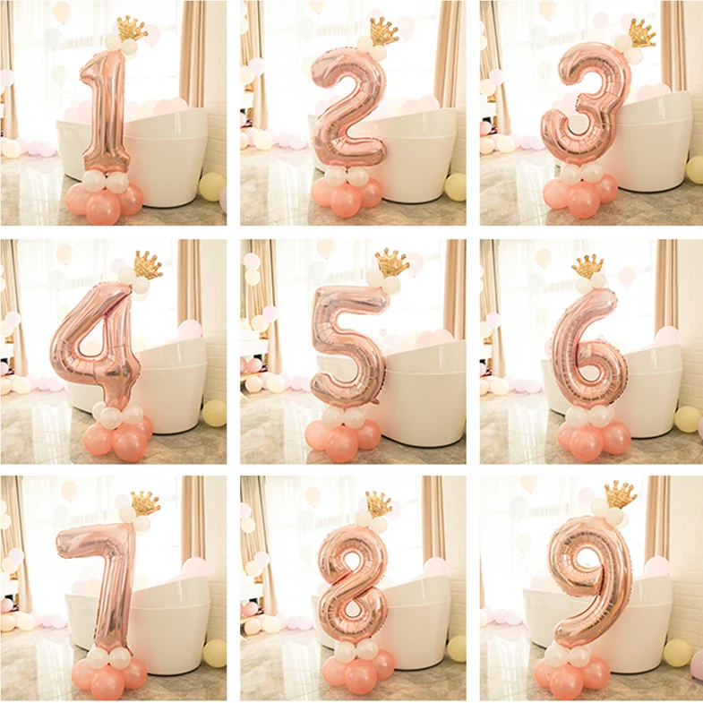 

0-9 1set Rose Gold Foil Number Balloon Thicken Latex Air Ballons with Crown Baby Shower Kids Birthday Party Decoration