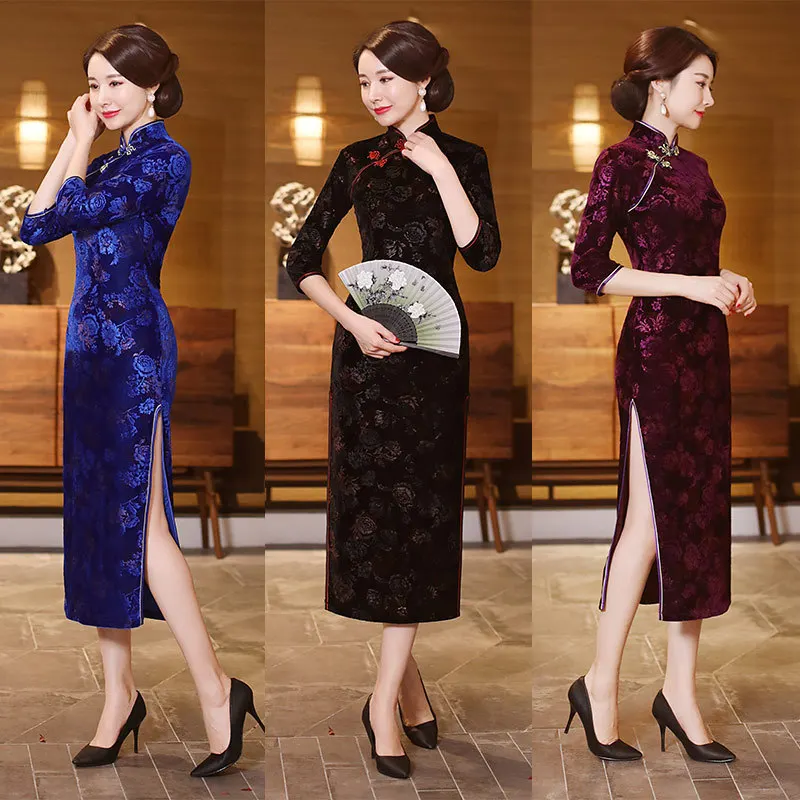 Sheng Coco Восточное бархатное платье Чонсам с китайским принтом Qipao элегантное эластичное бархатное платье-корсет Классический Qipao Китай 4XL
