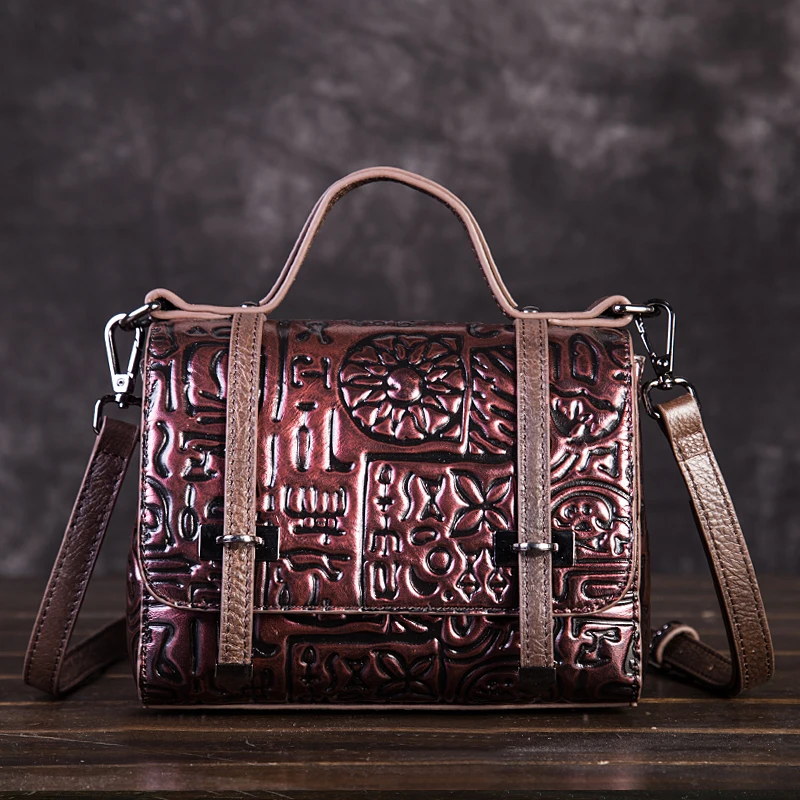 

Women Genuine Leather Bags Messenger Shoulder Top Handle Bag Travel Embossed Vintage Cowhide Female CrossBody Handbag Tote Purse