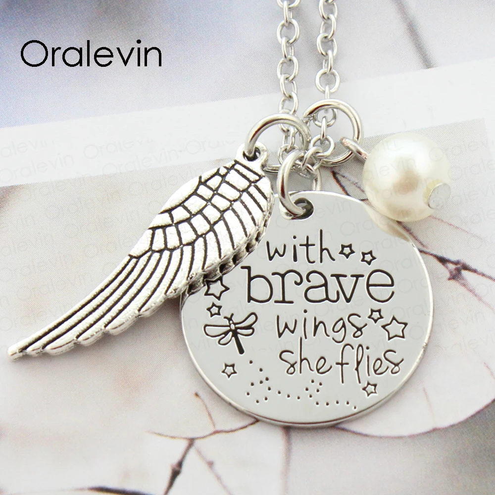 WITH BRAVE WINGS SHE FLIES Inspirational Hand Stamped Quote Angel Wing Necklace Gift Jewelry 10Pcs/Lot #LN2052 | Украшения и