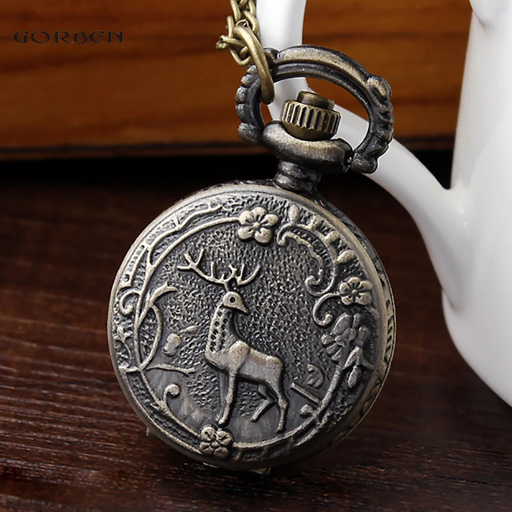 Retro Bronze Lovely Deer Forest Flowers Trees Mini Size Quartz Pocket