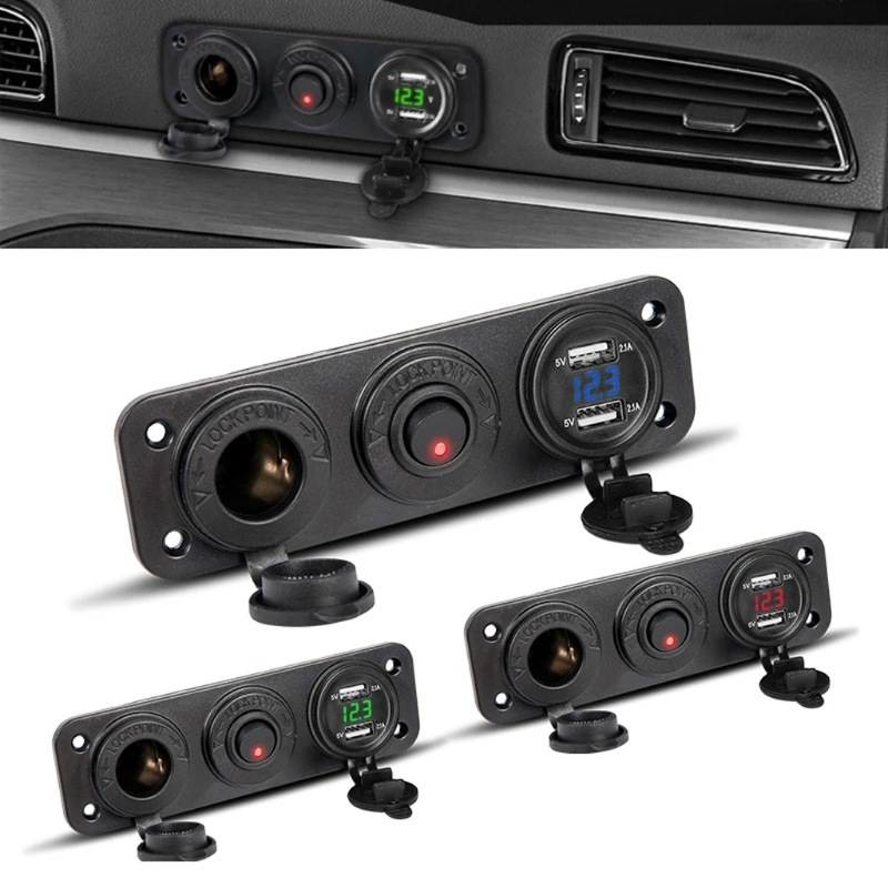 

12V-24V 2.1A Dual USB Charger Cigarette Lighter Socket +LED Voltmeter+12V Outlet+ON/OFF Switch