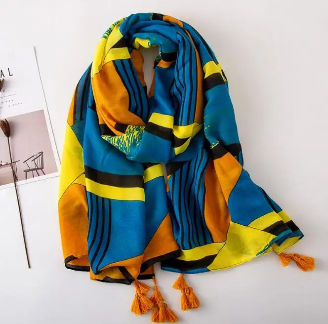 

Vintage Summer Travel Party Scarf Ethnic Style Wild Blue Orange Yellow Contrast Color Geometric Print Scarf Shawl