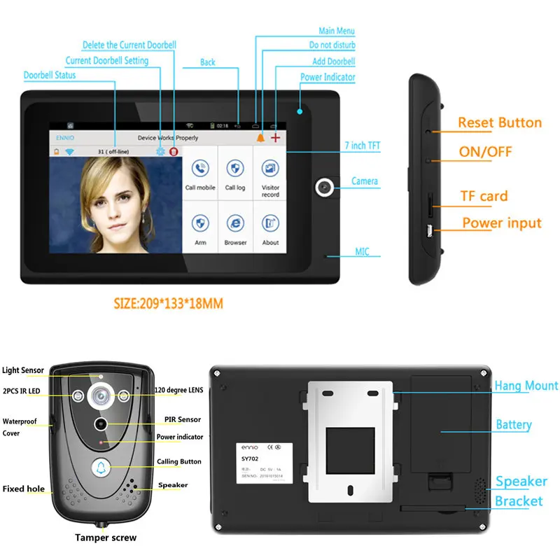 Два монитора 720 P Wifi видео дверной звонок 7 "WiFi беспроводной Видео дверной телефон ip-камера для внутренней сети PIR IR ночного видения домашняя
