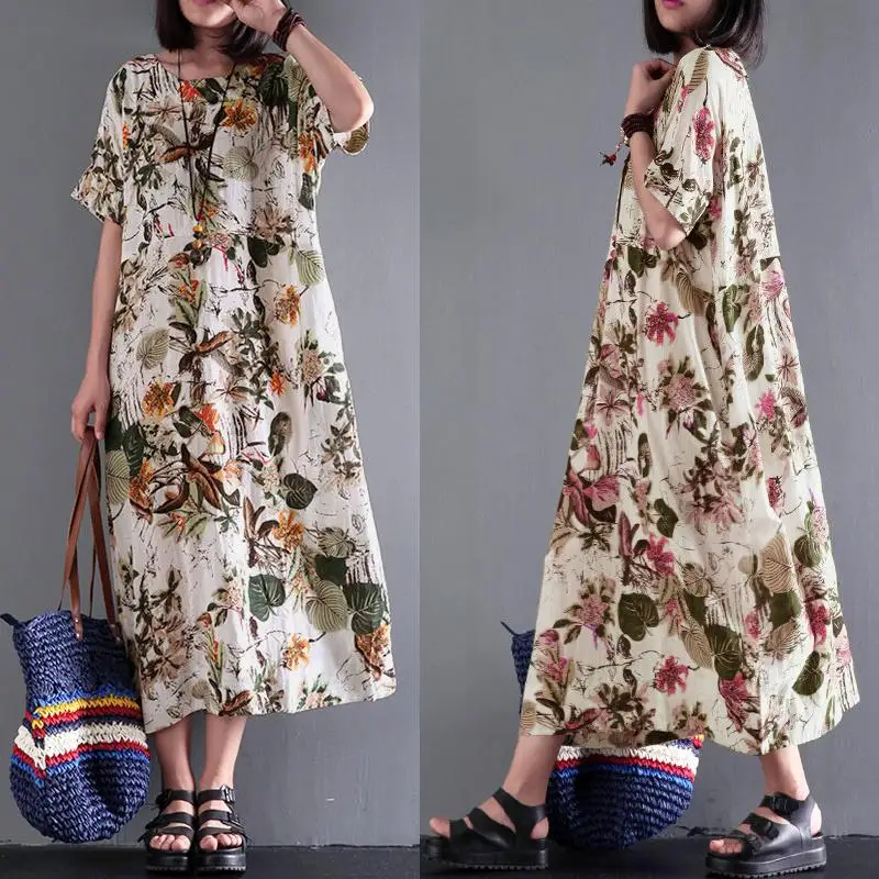 

Summer Vintage Floral Print Bohemian Dress Casual O Neck Short Sleeve Loose Party Cotton Linen Midi Dress Plus Size