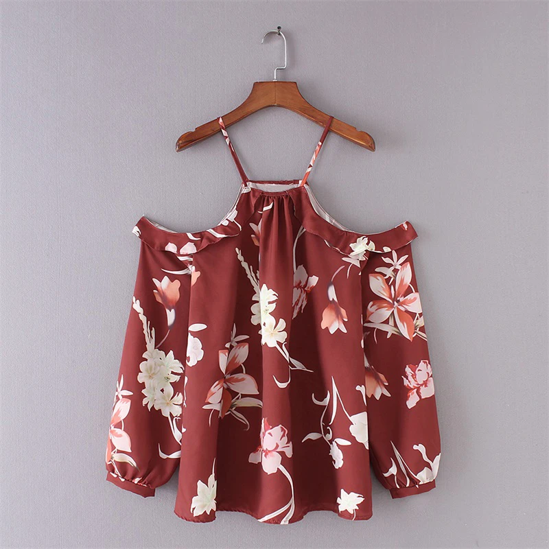 

3XL Summer Tops Womens Halter Off Shoulder Shirts New Arrivals Long Sleeve Blouses Ladies Floral Print Chiffon Blouse Plus Size