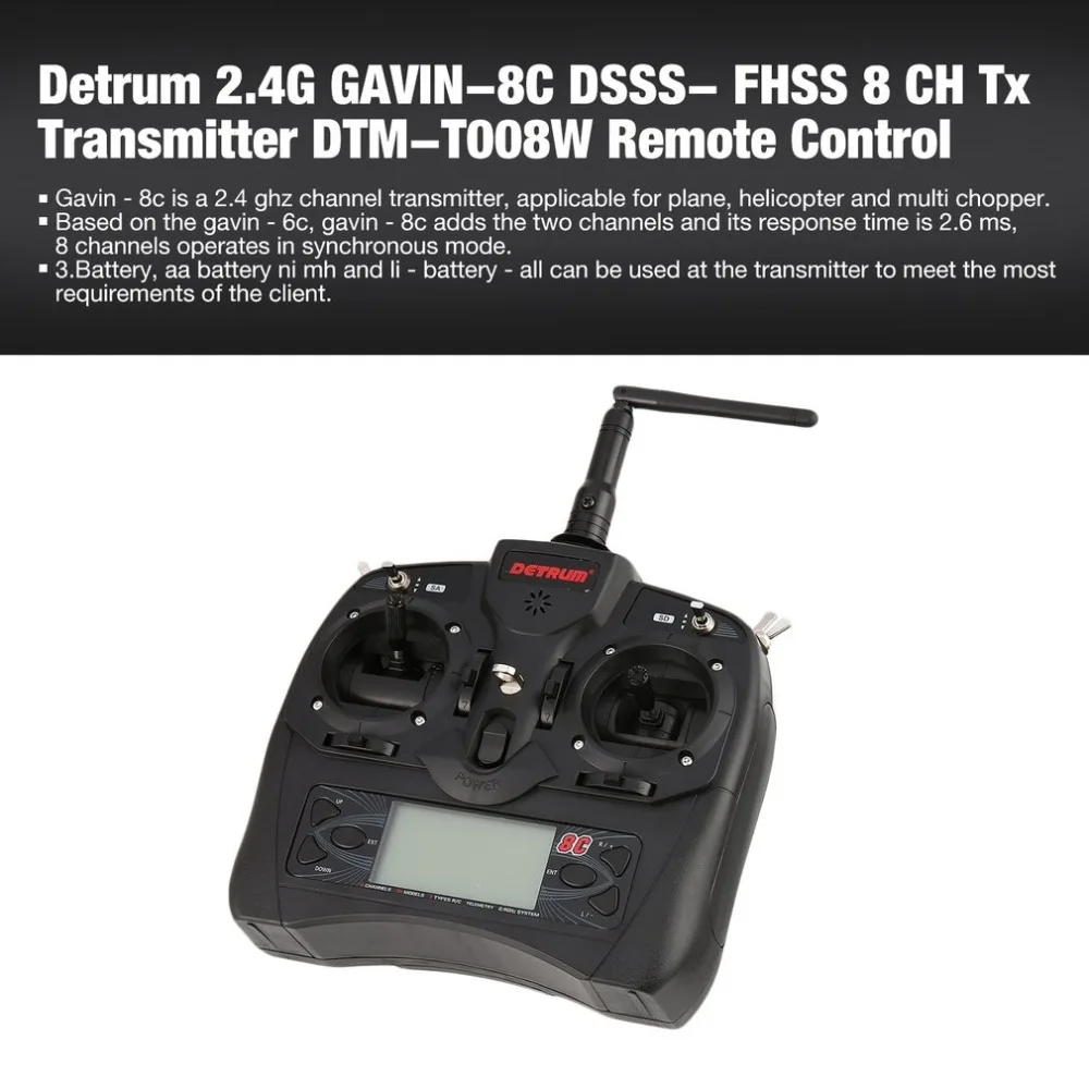 

Detrum 2.4G GAVIN-8C DSSS- FHSS Hybrid Dual-Spread 8 Channels Remote Control Tx Transmitter DTM-T008W / Programmable System