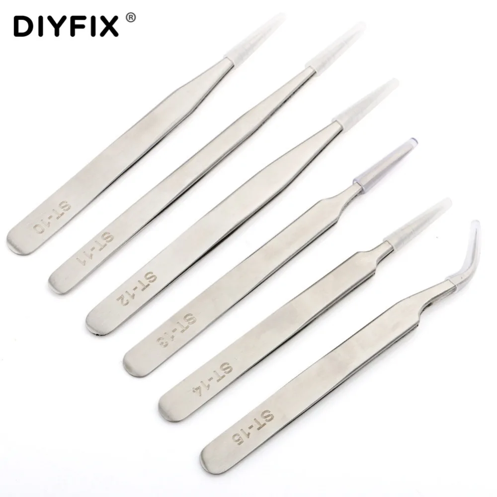 DIYFIX 6 in 1 Precision Electronic Tweezers Set Stainless Steel Anti-static Soldering Assist Repair Picking Mounting Tools Kit