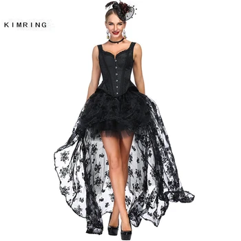 

Kimring Women's Victorian Gothic Retro Black Wide Shoulder Straps Jacquard Overbust Corset with Organza High Low Skirt Sets