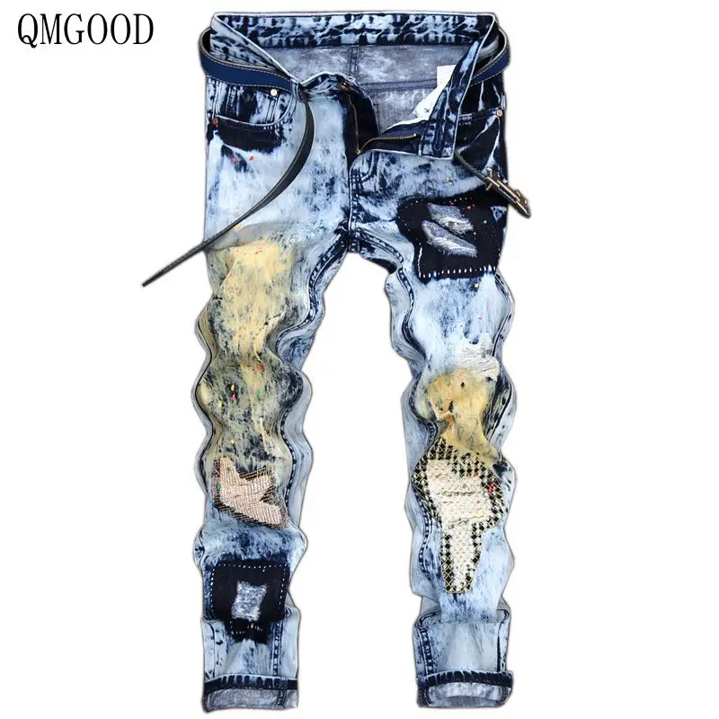 QMGOOD плюс размер 40 42 модные дизайнерские мужские повседневные рваные джинсы мужской тонкий прямой Patch Denim хип-хоп брюки уличная