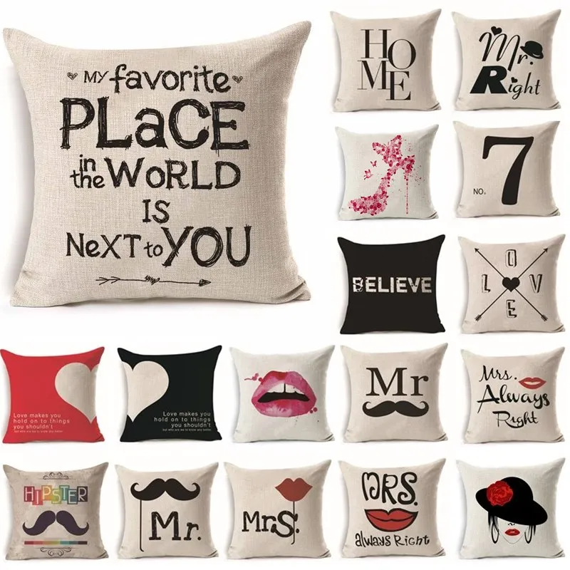 

45*45cm Women Men Mr Mrs Love Lip Linen Living Room Cushion Throw Pillow Cushion Cover Home Sofa Decorative Pillowcase 40246